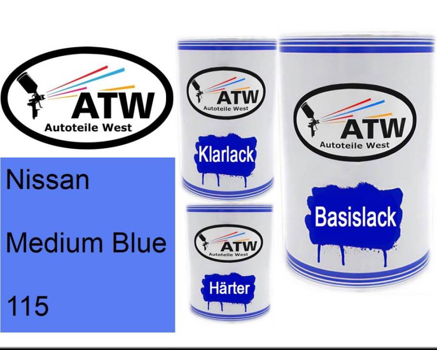 Nissan, Medium Blue, 115: 500ml Lackdose + 500ml Klarlack + 250ml Härter - Set, von ATW Autoteile West.
